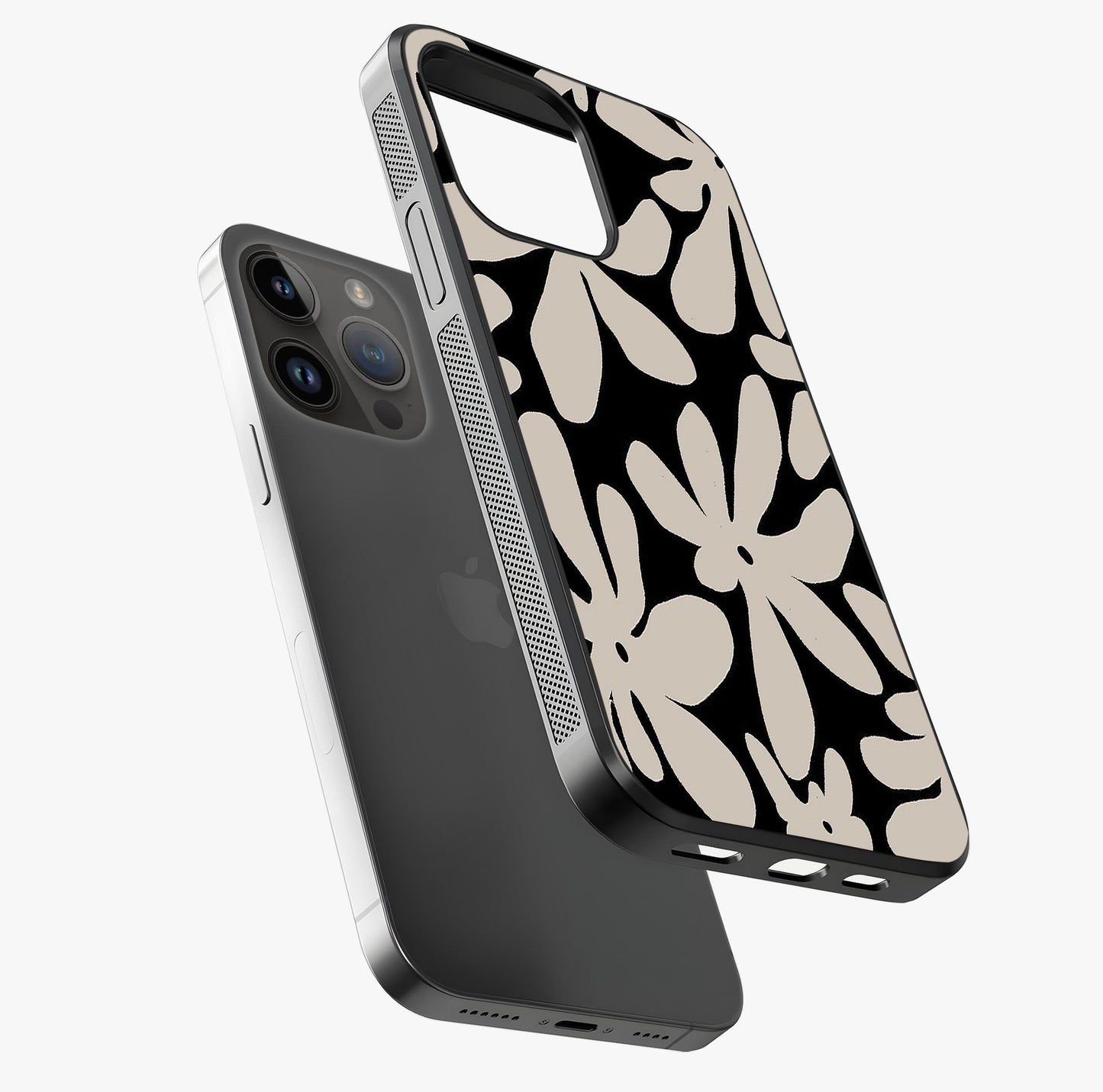 Monochrome Petal Dance Glass Case laid diagonally highlighting side profile, edges and glossy glass shine.