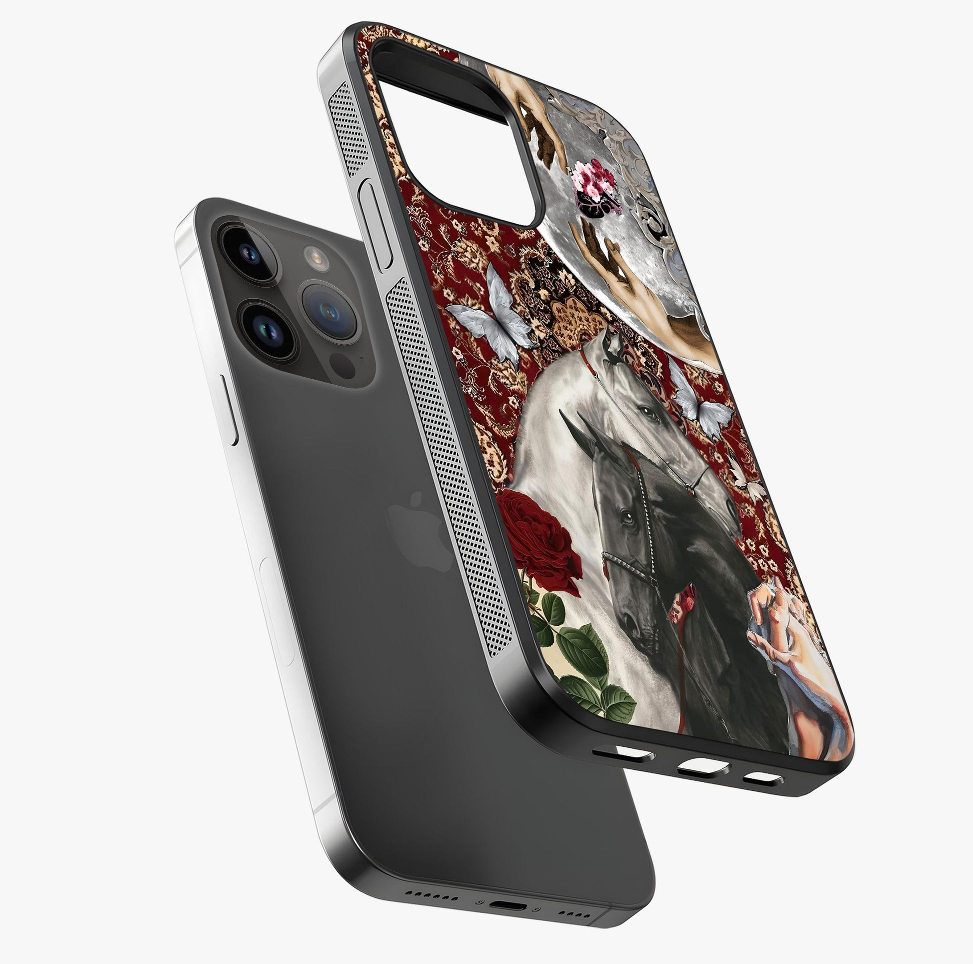 Moonlit Royal Stallion Glass Case laid diagonally highlighting side profile, edges and glossy glass shine.