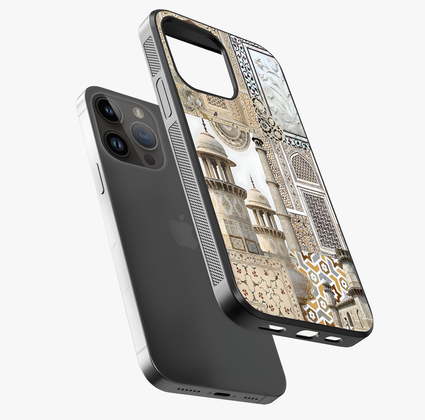 Mughal Marble Legacy Glass Case laid diagonally highlighting side profile, edges and glossy glass shine.