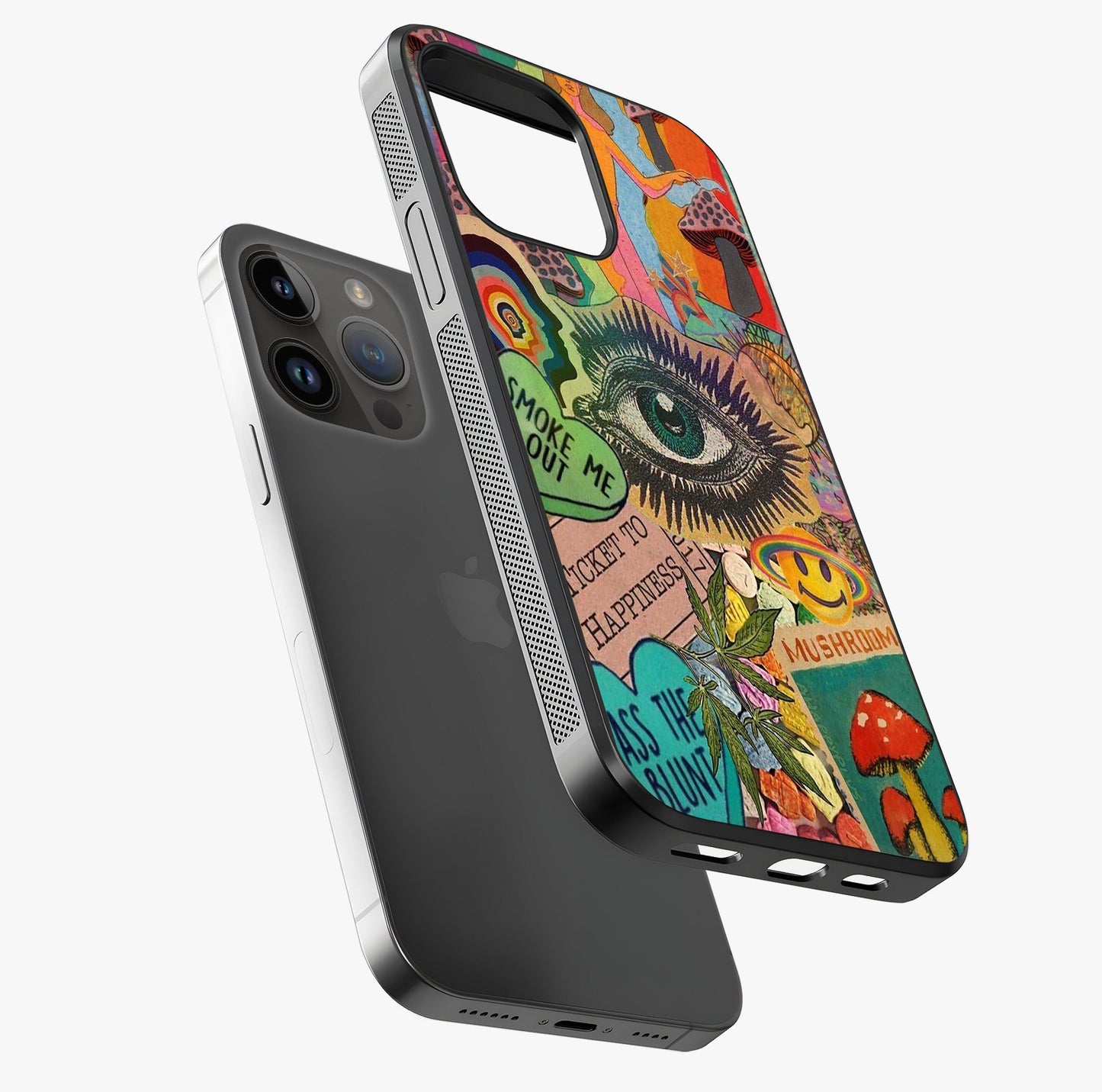 Mystic Eye Wonderland Glass Case laid diagonally highlighting side profile, edges and glossy glass shine.