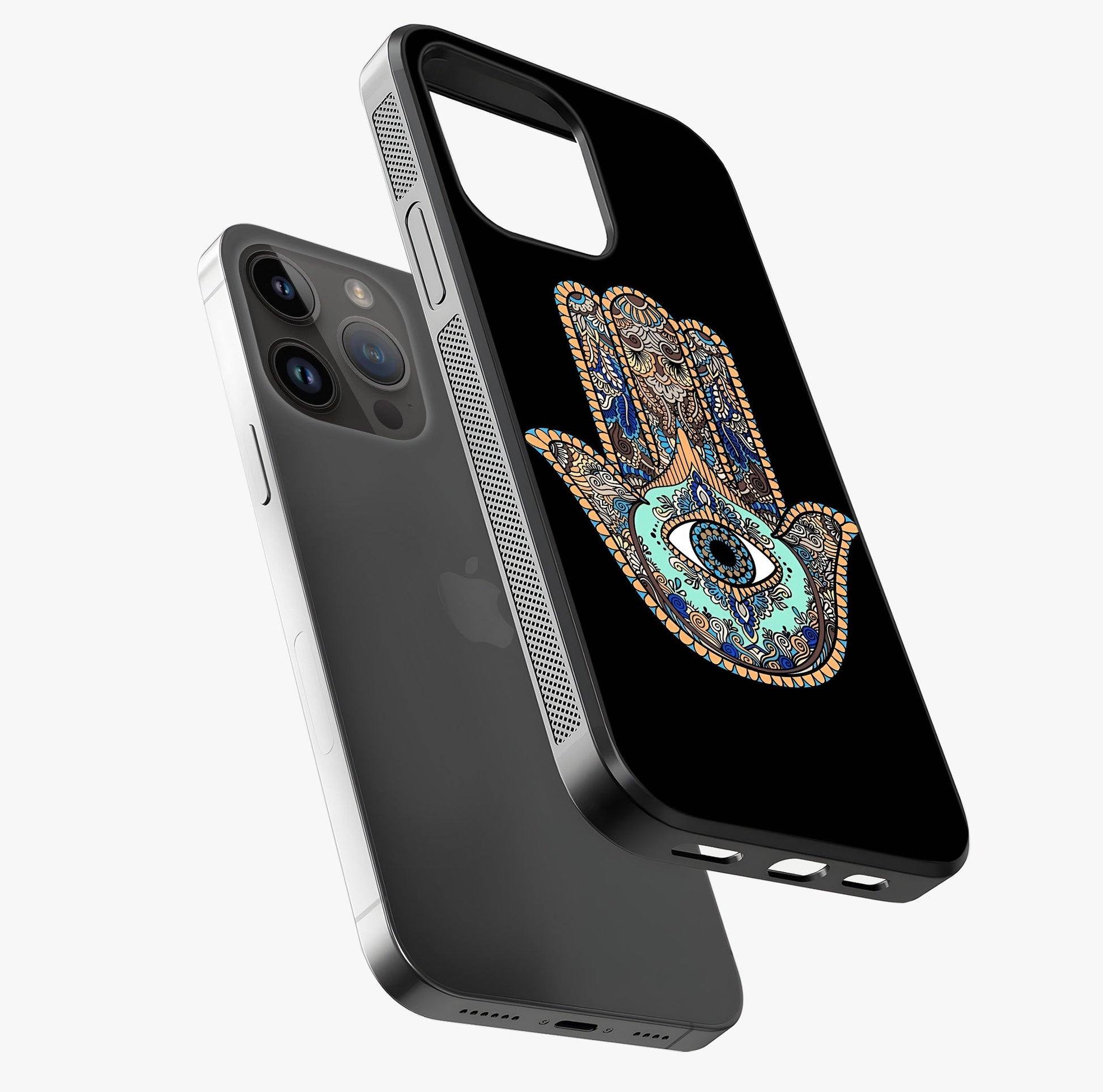 Mystic Hamsa Eye Glass Case laid diagonally highlighting side profile, edges and glossy glass shine.