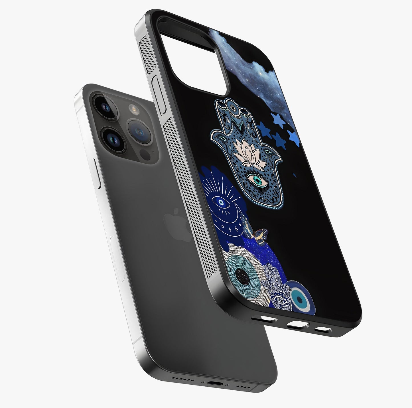 Mystic Hand Aura Glass Case laid diagonally highlighting side profile, edges and glossy glass shine.