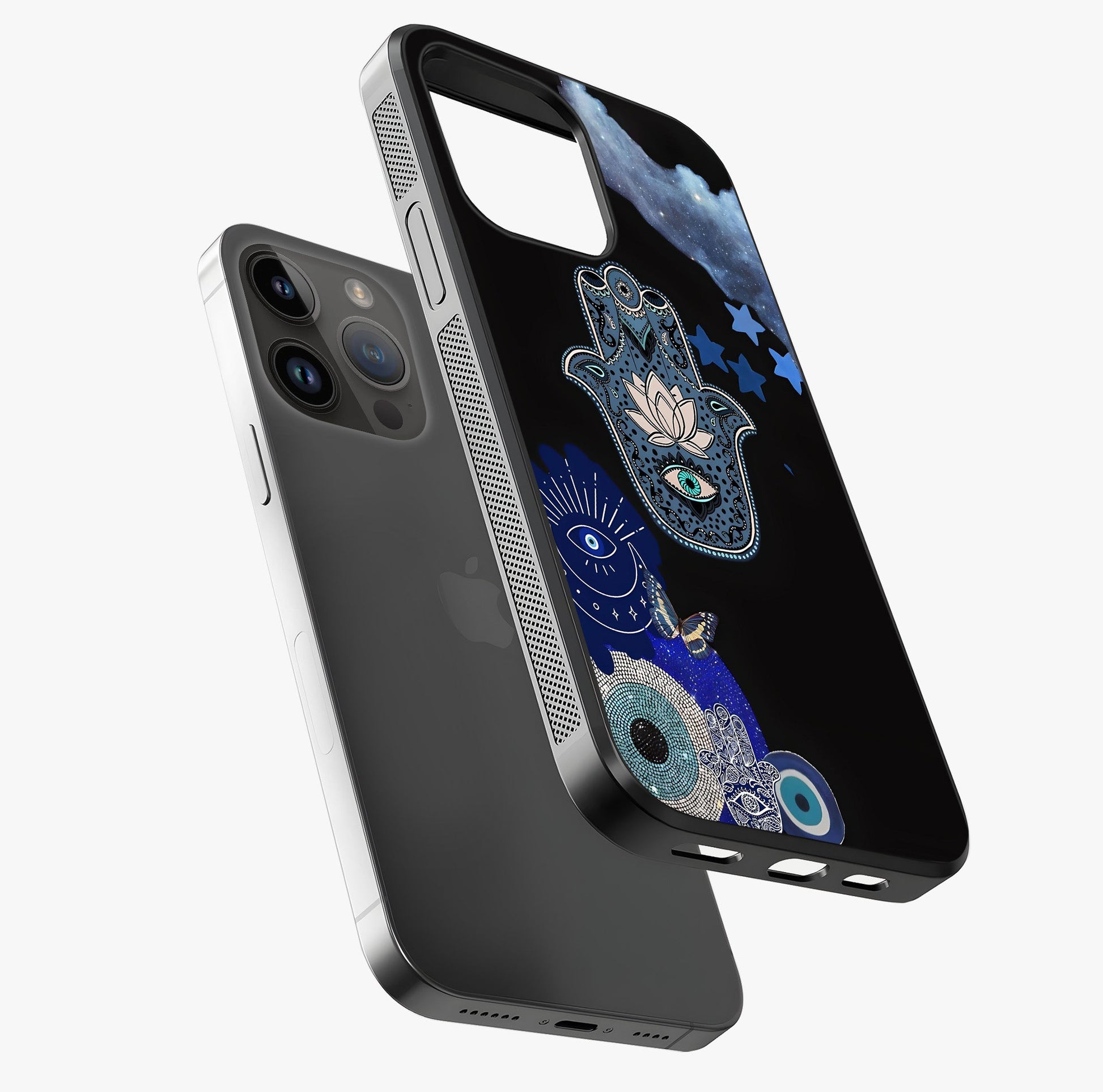 Mystic Hand Aura Glass Case laid diagonally highlighting side profile, edges and glossy glass shine.