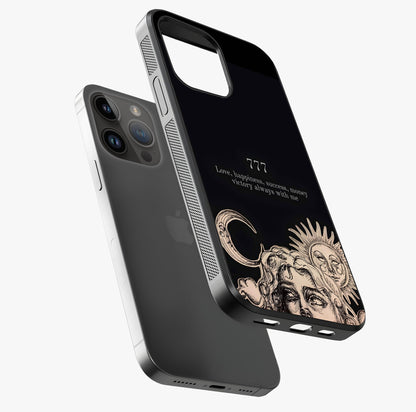 Mystic Victory Aura Glass Case laid diagonally highlighting side profile, edges and glossy glass shine.