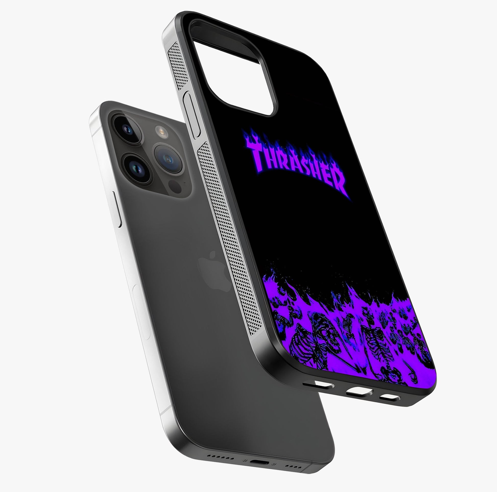 Neon Flame Riot Glass Case laid diagonally highlighting side profile, edges and glossy glass shine.