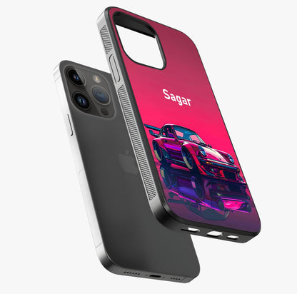 Neon Pink Porsche Glass Case laid diagonally highlighting side profile, edges and glossy glass shine.