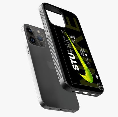 Neon Street Edition Glass Case laid diagonally highlighting side profile, edges and glossy glass shine.