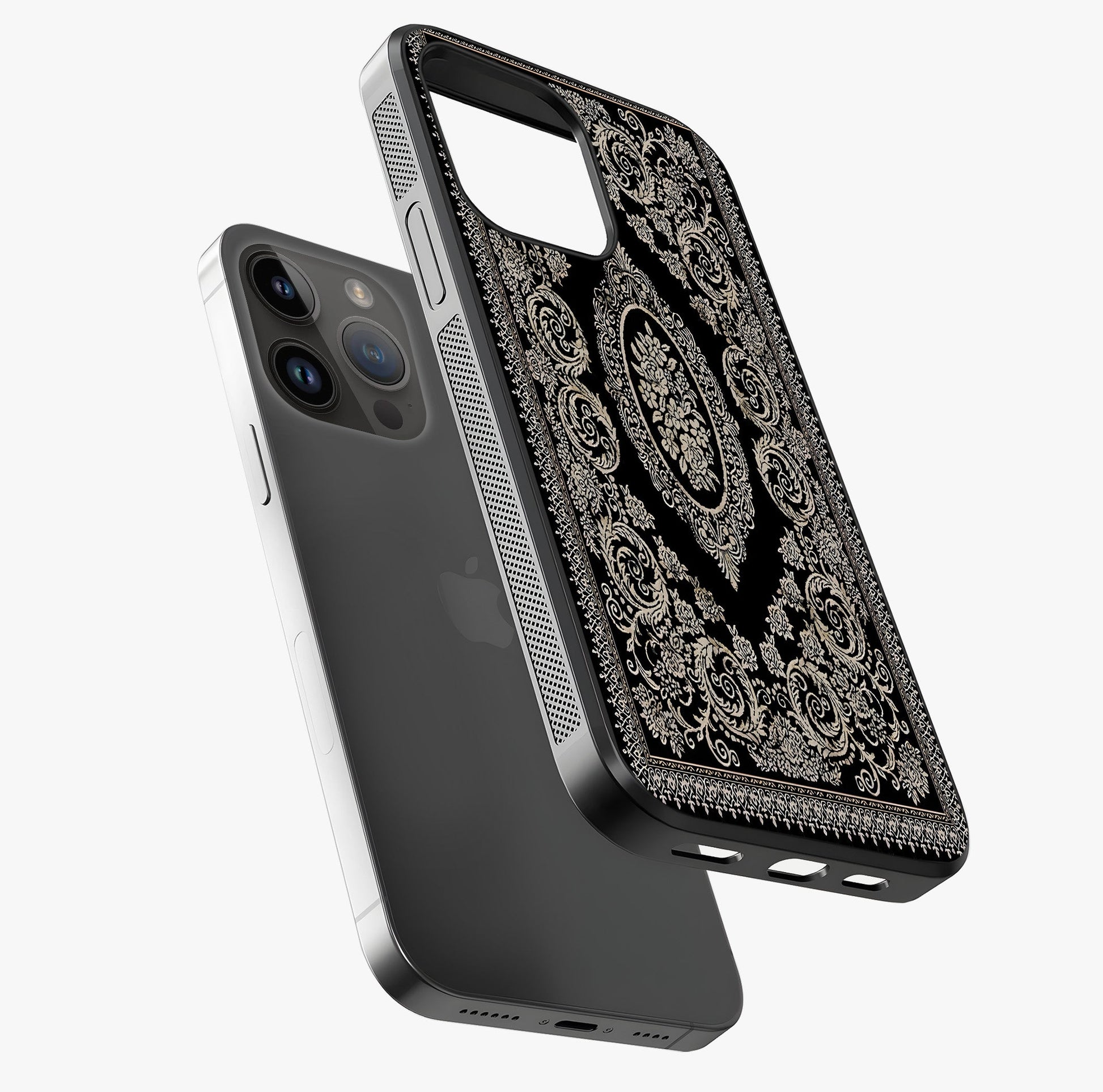 Noir Bloom Elegance Glass Case laid diagonally highlighting side profile, edges and glossy glass shine.
