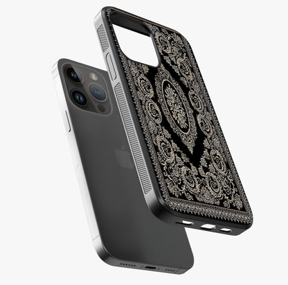 Noir Bloom Elegance Glass Case laid diagonally highlighting side profile, edges and glossy glass shine.