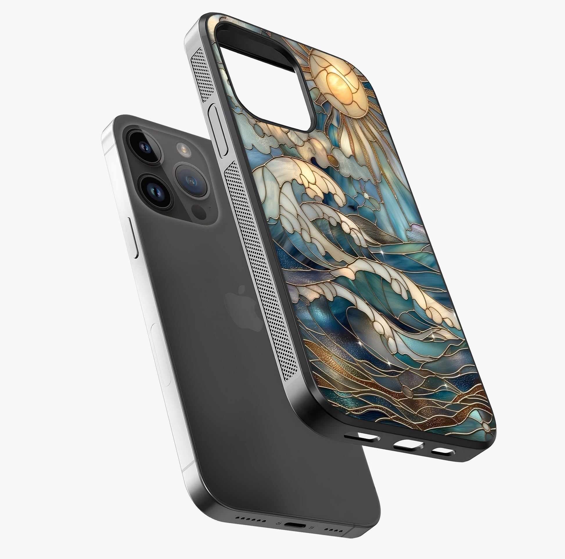 Oceanic Stained Printed Glass Case laid diagonally highlighting side profile, edges and glossy glass shine.