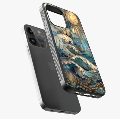 Oceanic Stained Printed Glass Case laid diagonally highlighting side profile, edges and glossy glass shine.