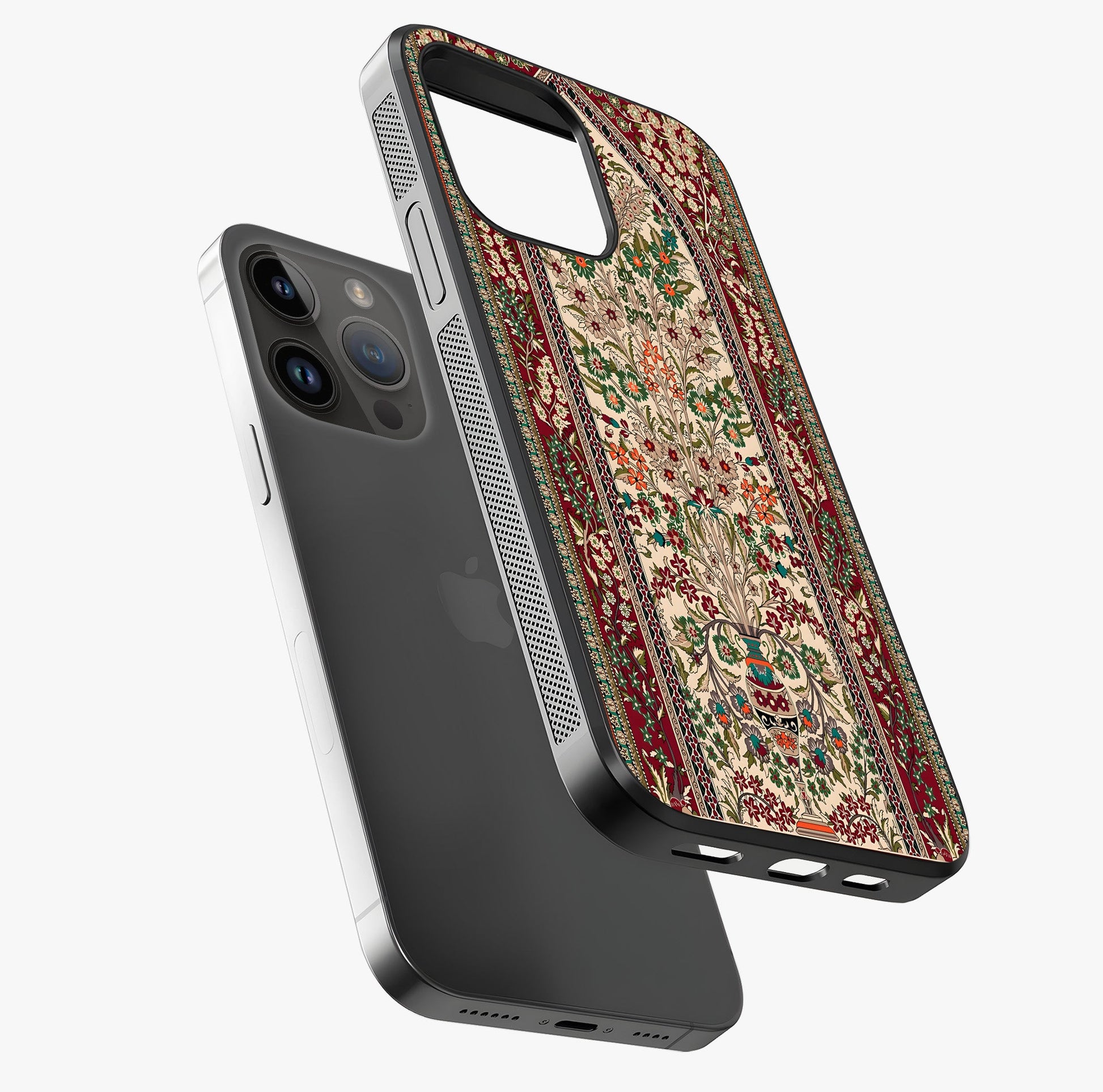 Persian Inspired Glass Case laid diagonally highlighting side profile, edges and glossy glass shine.