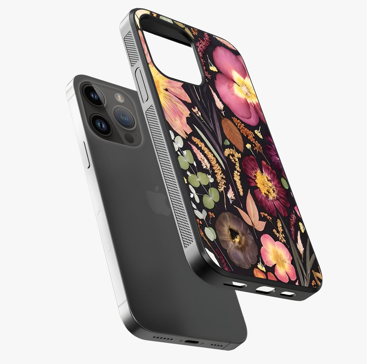 Petal Dream Tapestry Glass Case laid diagonally highlighting side profile, edges and glossy glass shine.