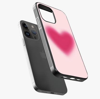 Pink Aura Heart Glass Case laid diagonally highlighting side profile, edges and glossy glass shine.