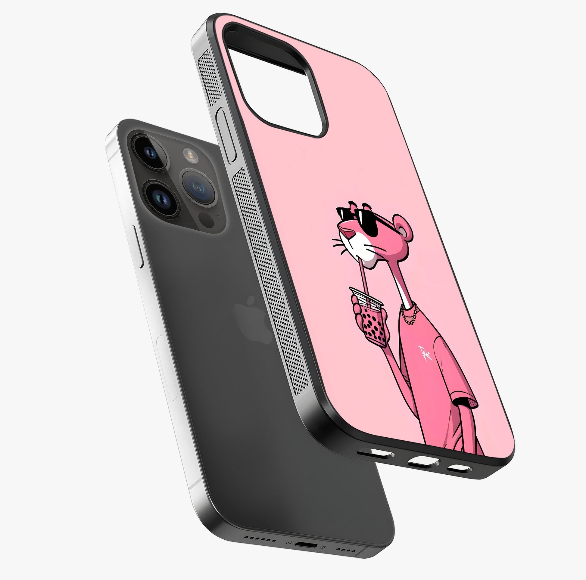 Pink Panther Glass Case laid diagonally highlighting side profile, edges and glossy glass shine.