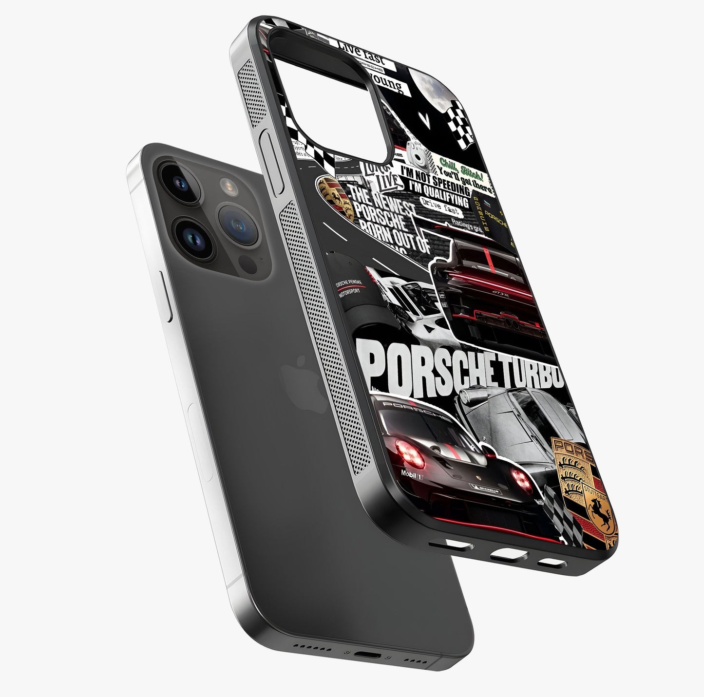 Porsche Racing Collage Glass Case laid diagonally highlighting side profile, edges and glossy glass shine.