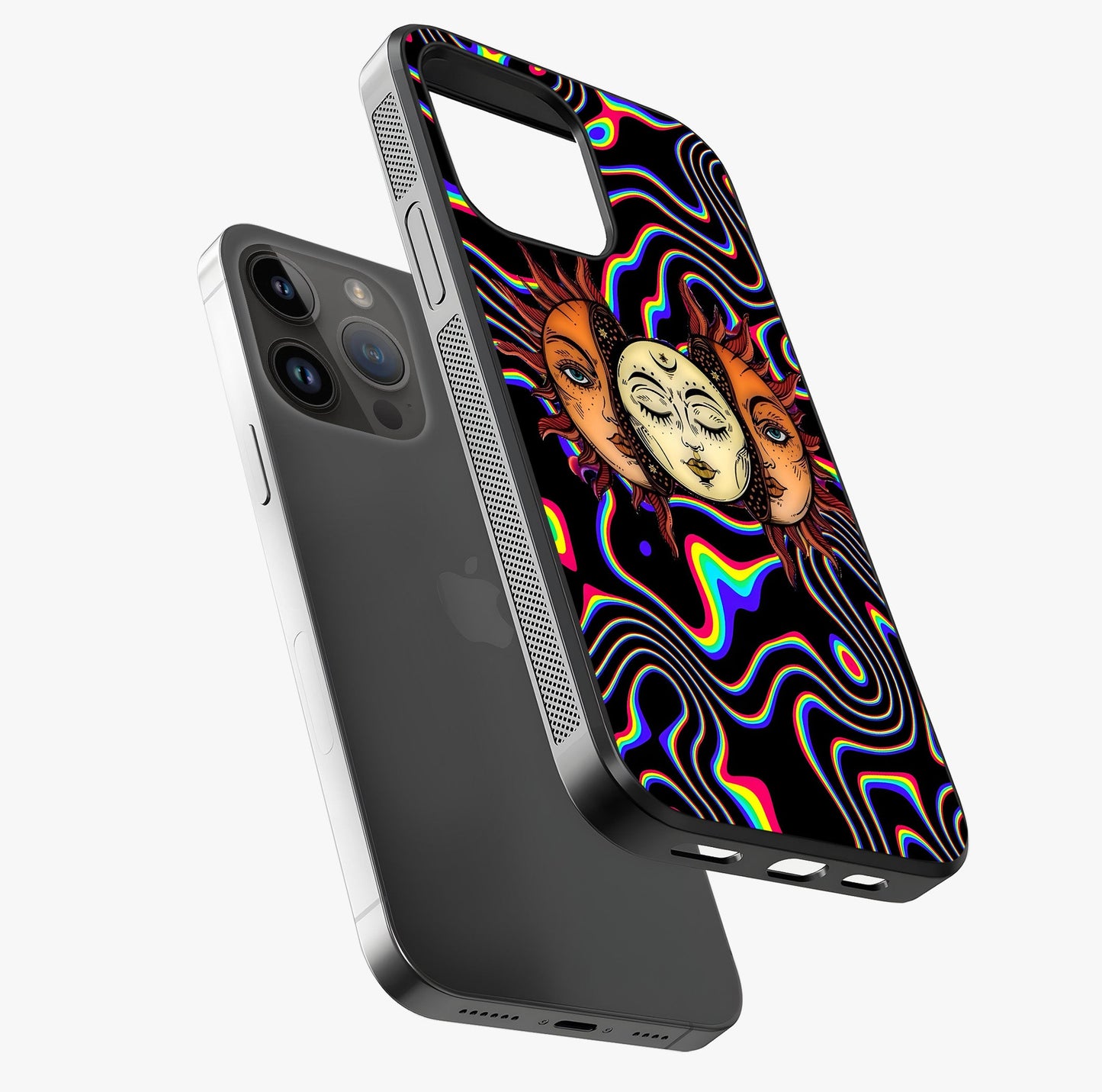 Psychedelic Sun Glass Case laid diagonally highlighting side profile, edges and glossy glass shine.