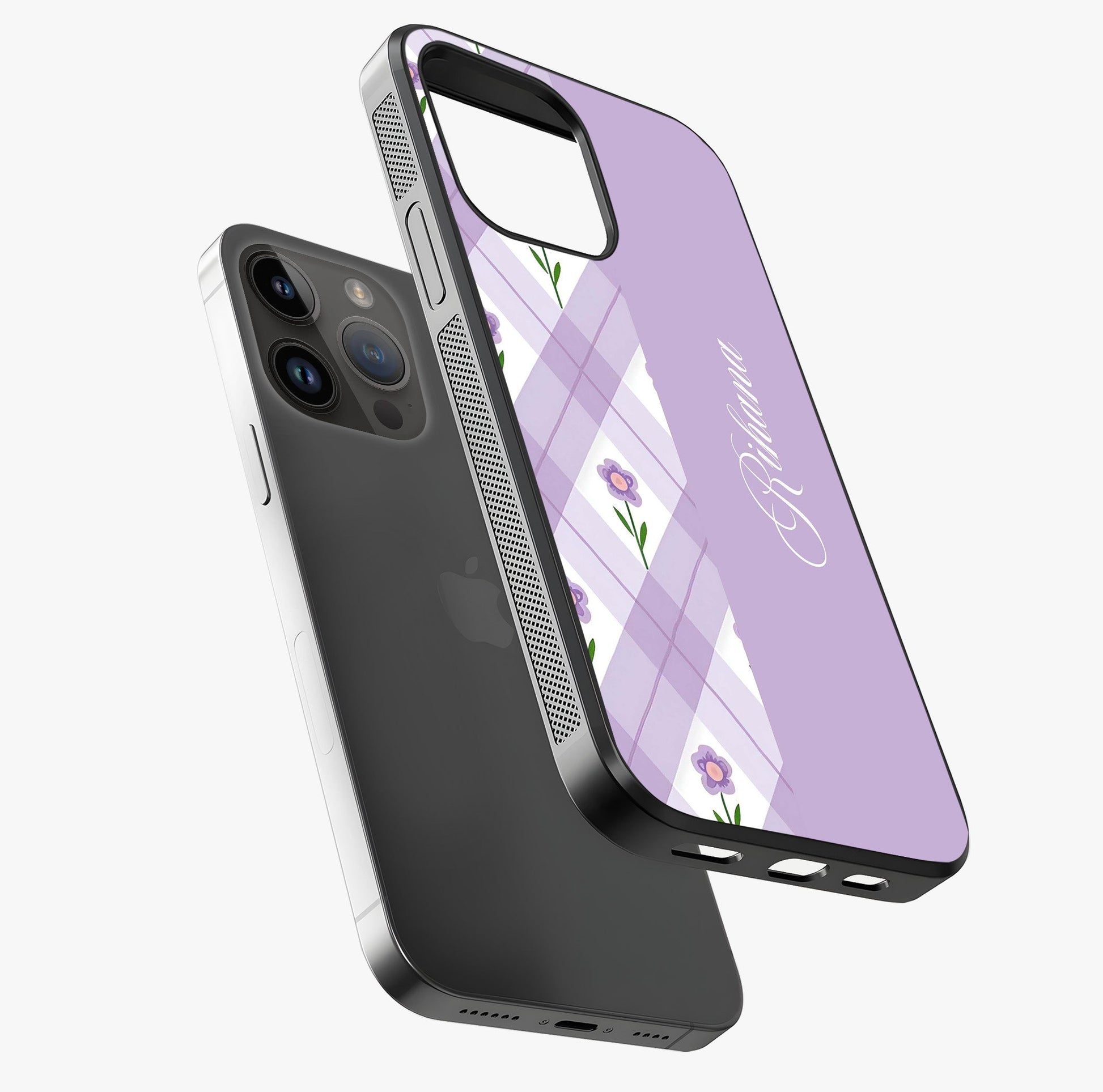 Purple Diamond Floral Glass Case laid diagonally highlighting side profile, edges and glossy glass shine.
