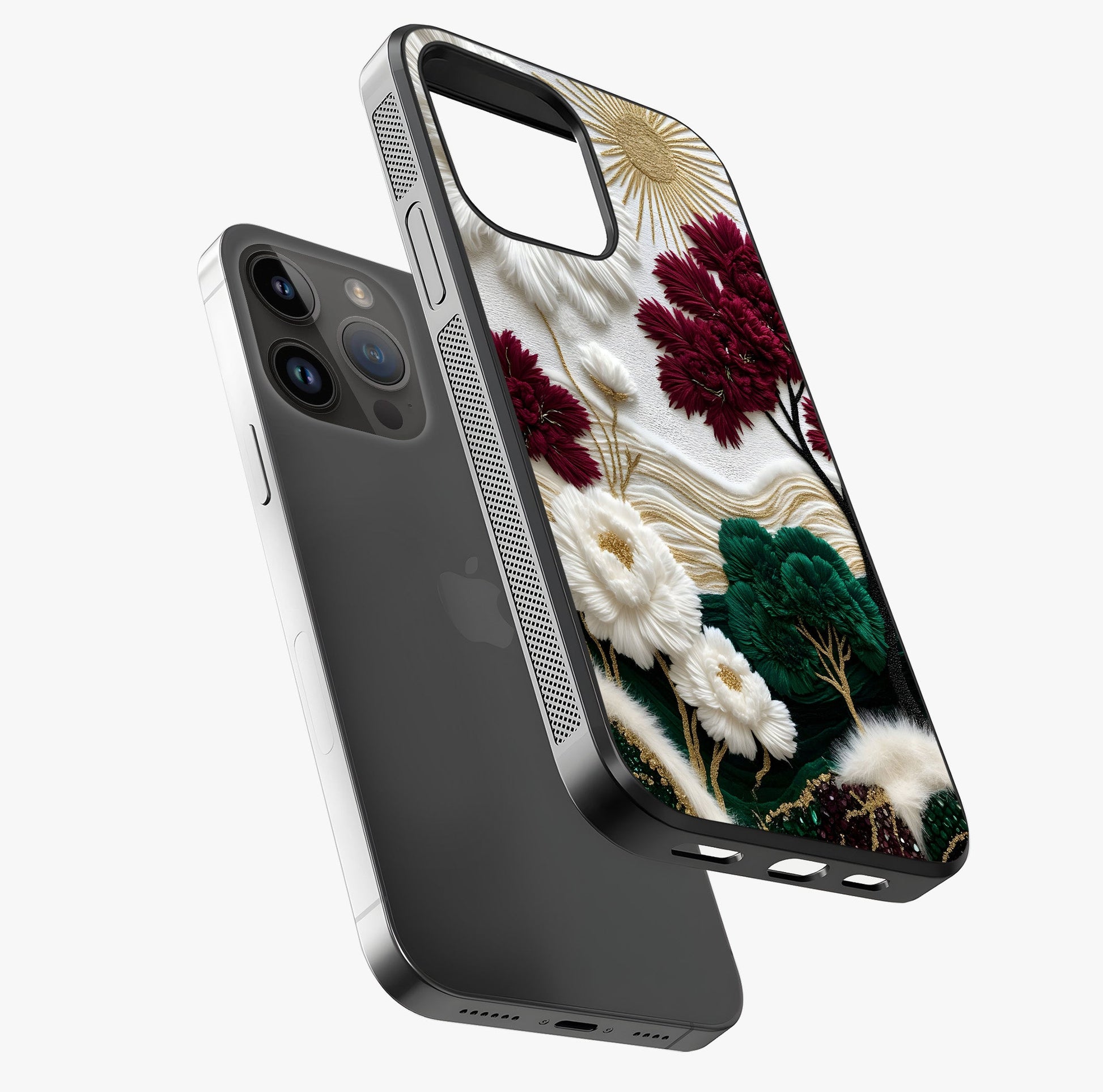Radiant Bloom Elegance Glass Case laid diagonally highlighting side profile, edges and glossy glass shine.