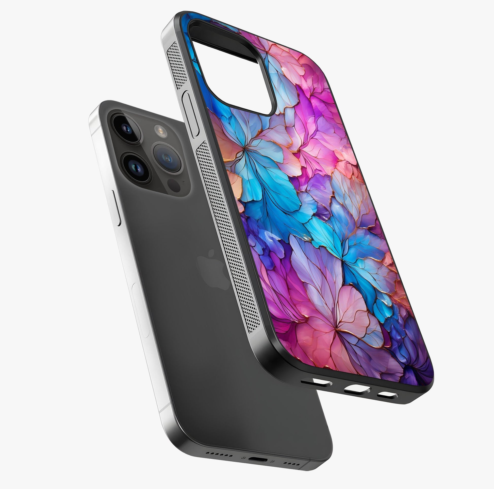 Radiant Floral Whirl Glass Case laid diagonally highlighting side profile, edges and glossy glass shine.