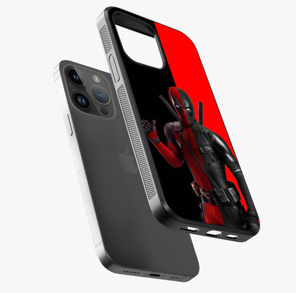 Red & Black Deadpool Theme Glass Case laid diagonally highlighting side profile, edges and glossy glass shine.