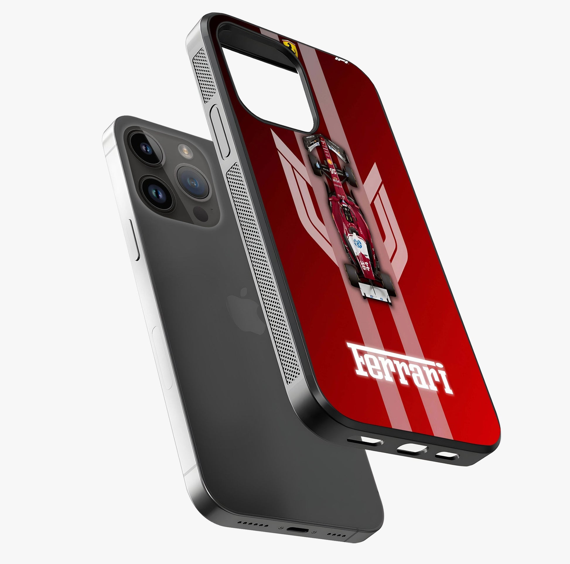 Red Ferrari F1 Vertical Glass Case laid diagonally highlighting side profile, edges and glossy glass shine.