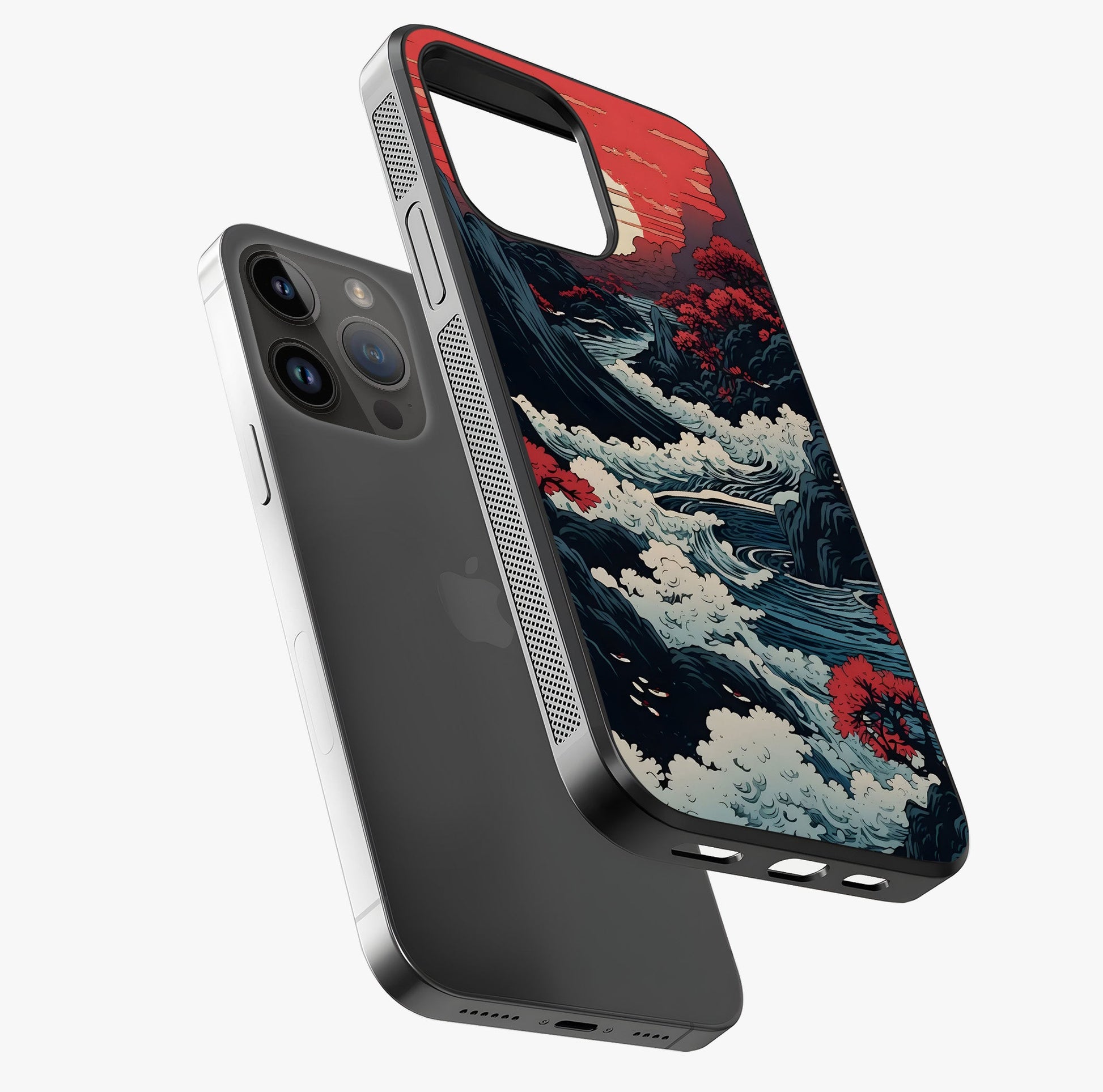 Red Sunset Scenery Glass Case laid diagonally highlighting side profile, edges and glossy glass shine.