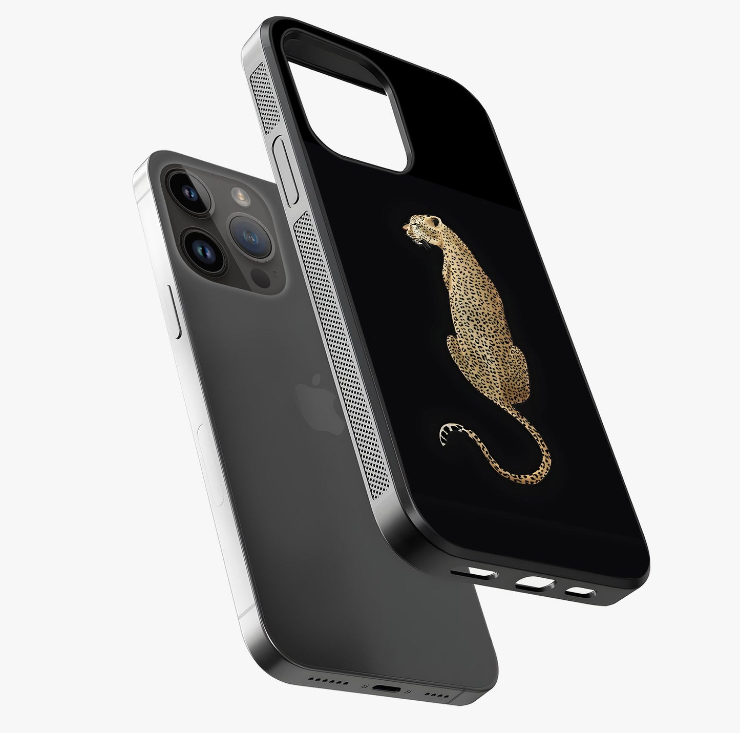 Regal Leopard Glass Case laid diagonally highlighting side profile, edges and glossy glass shine.