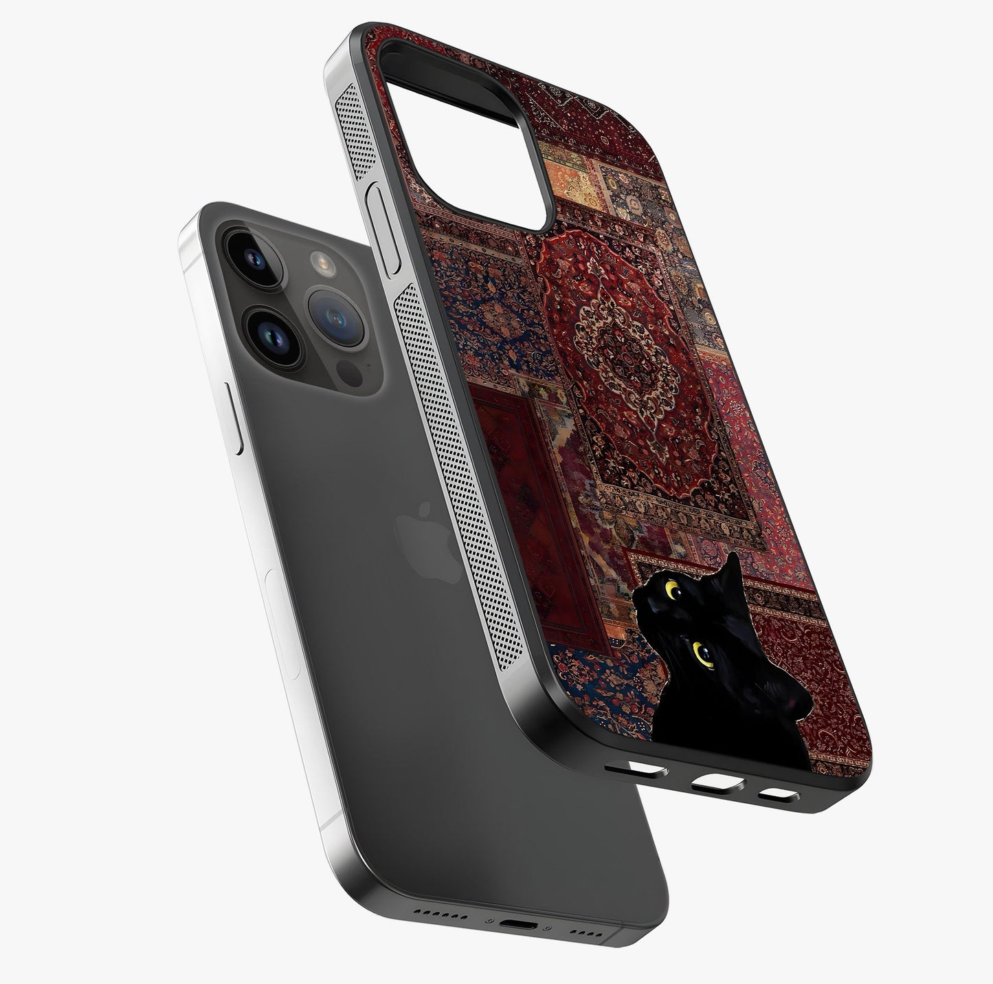 Regal Magic Cat Apple Glass Case laid diagonally highlighting side profile, edges and glossy glass shine.