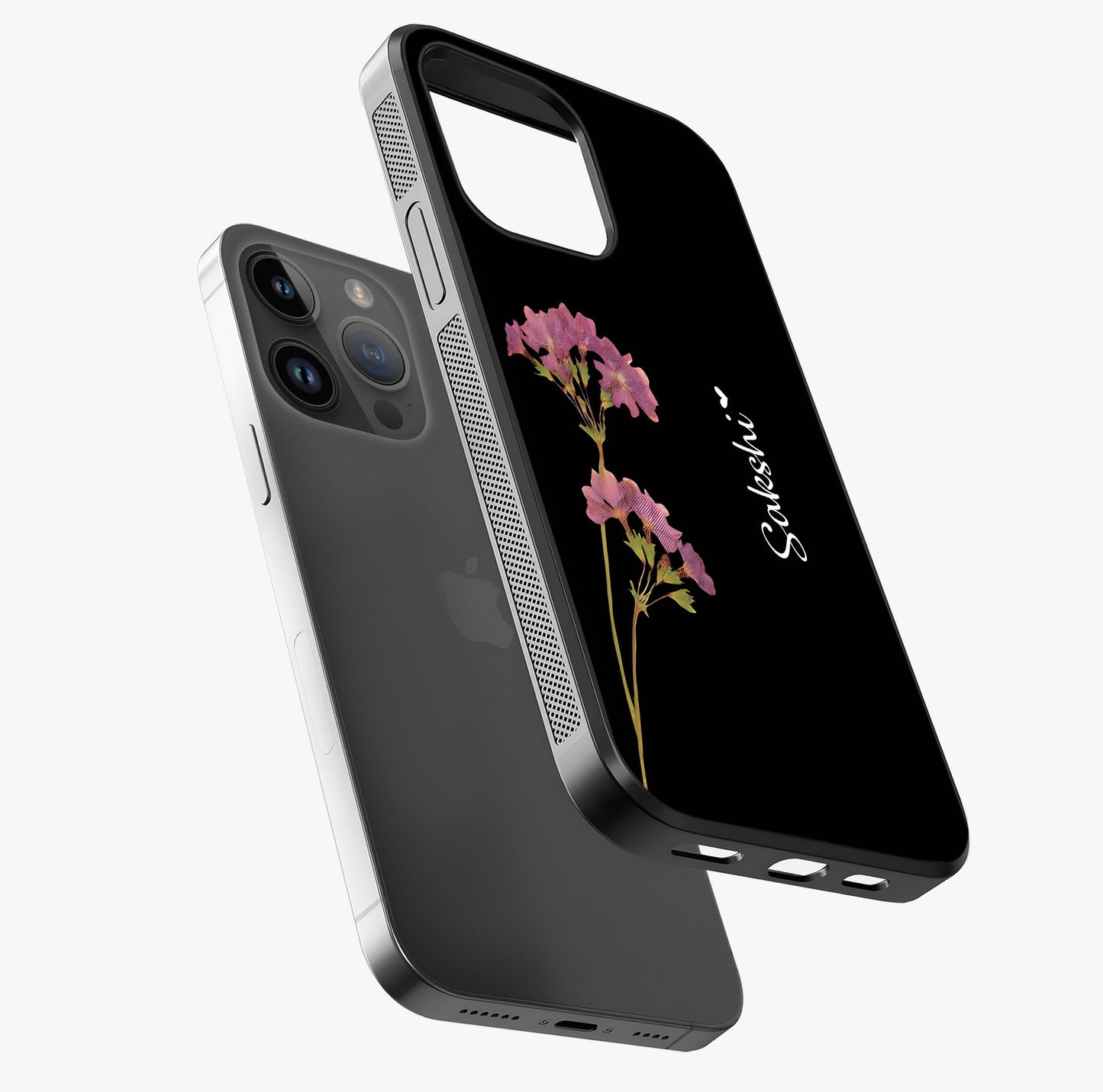 Riching Lavender Flower Custom Name Glass Case laid diagonally highlighting side profile, edges and glossy glass shine.