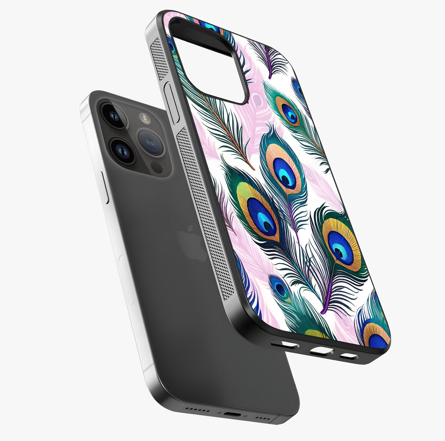 Royal Peacock Feathers Glass Case laid diagonally highlighting side profile, edges and glossy glass shine.