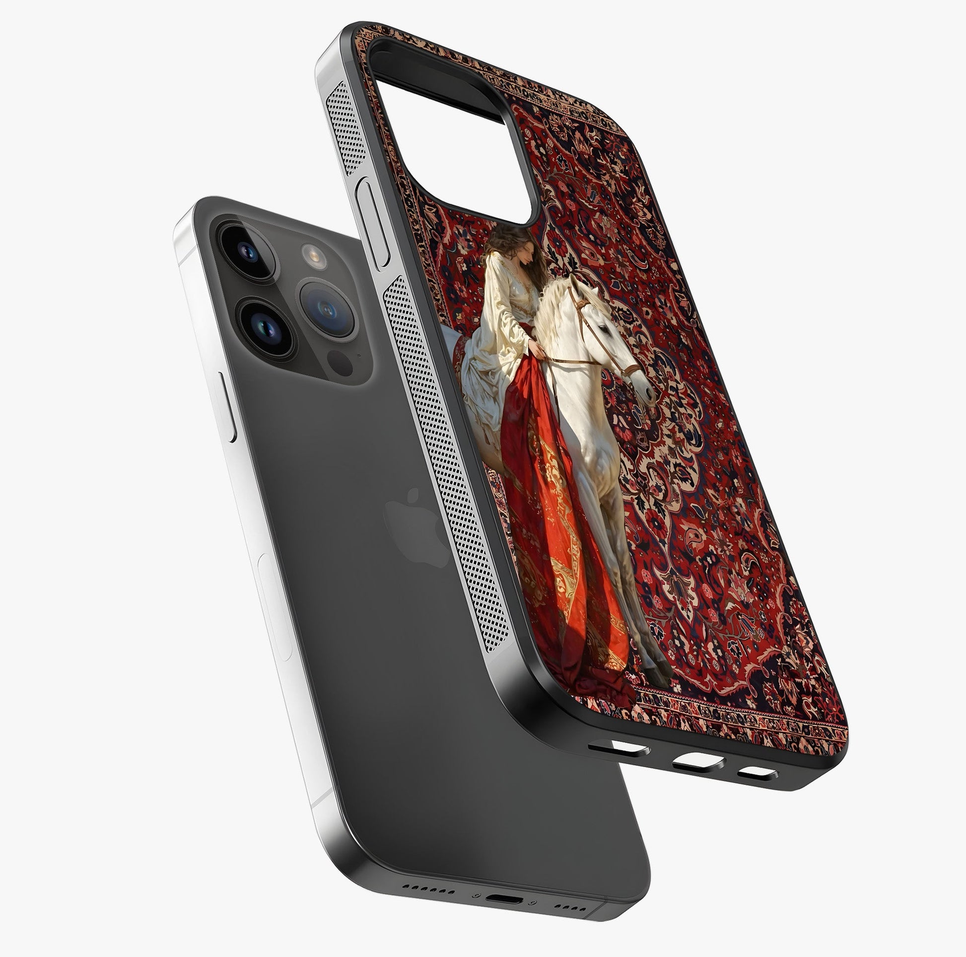 Royal Rider Tapestry Glass Case laid diagonally highlighting side profile, edges and glossy glass shine.