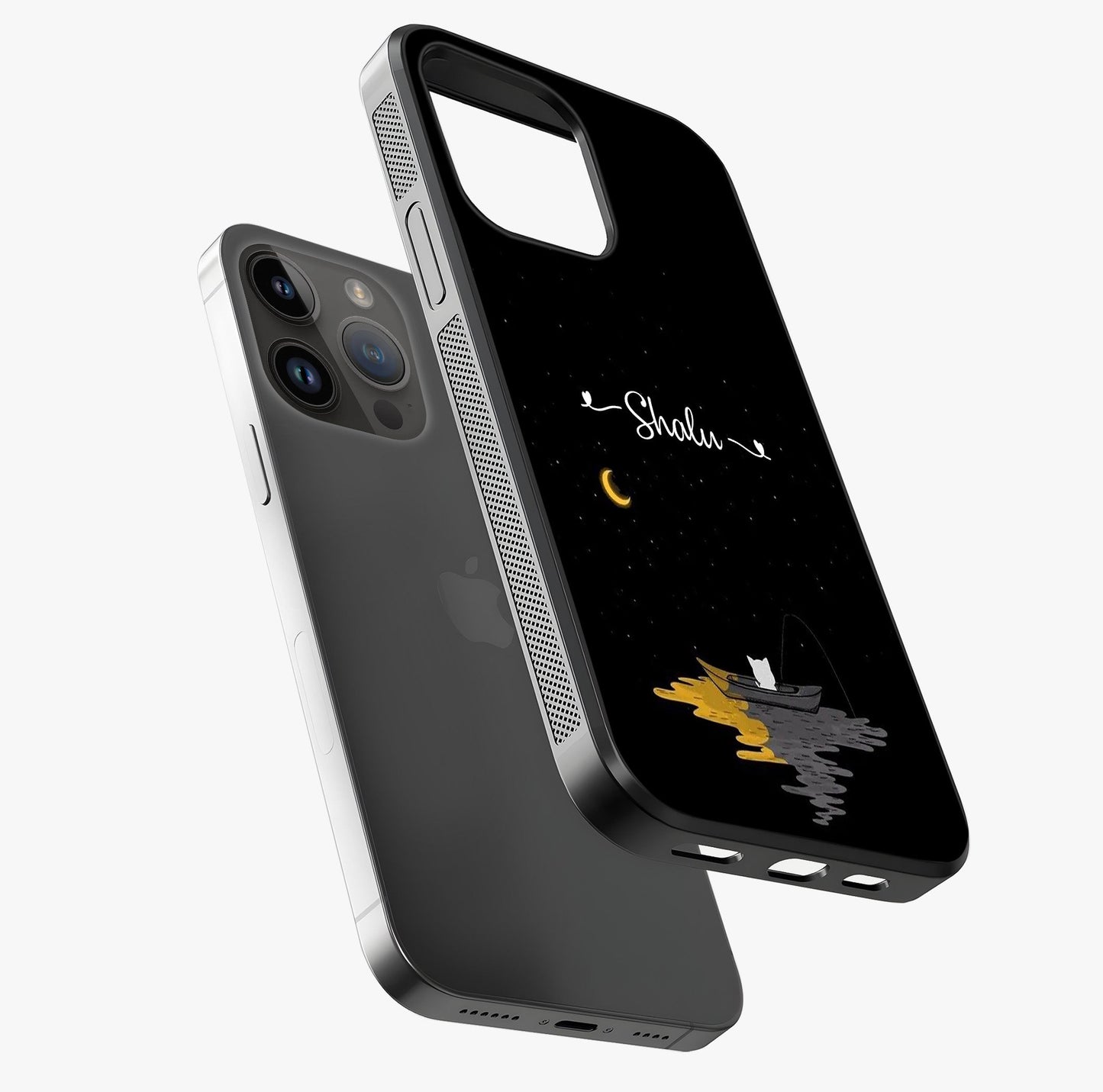 Silent Night Row Glass Case laid diagonally highlighting side profile, edges and glossy glass shine.