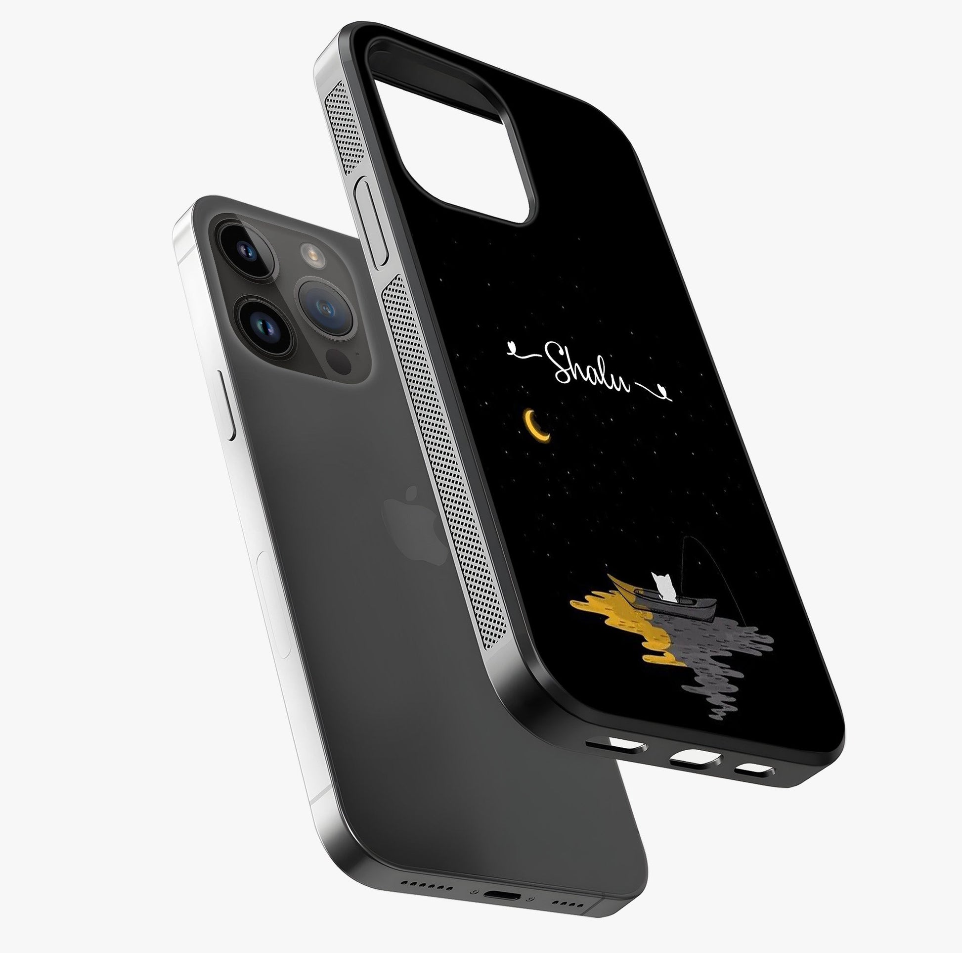 Silent Night Row Glass Case laid diagonally highlighting side profile, edges and glossy glass shine.