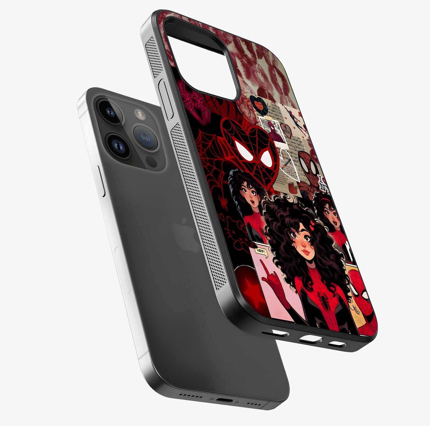 Spider Love Story Glass Case laid diagonally highlighting side profile, edges and glossy glass shine.