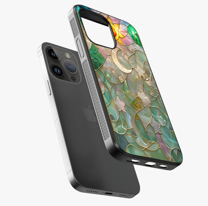 Stained Sunrise Glow Glass Case laid diagonally highlighting side profile, edges and glossy glass shine.