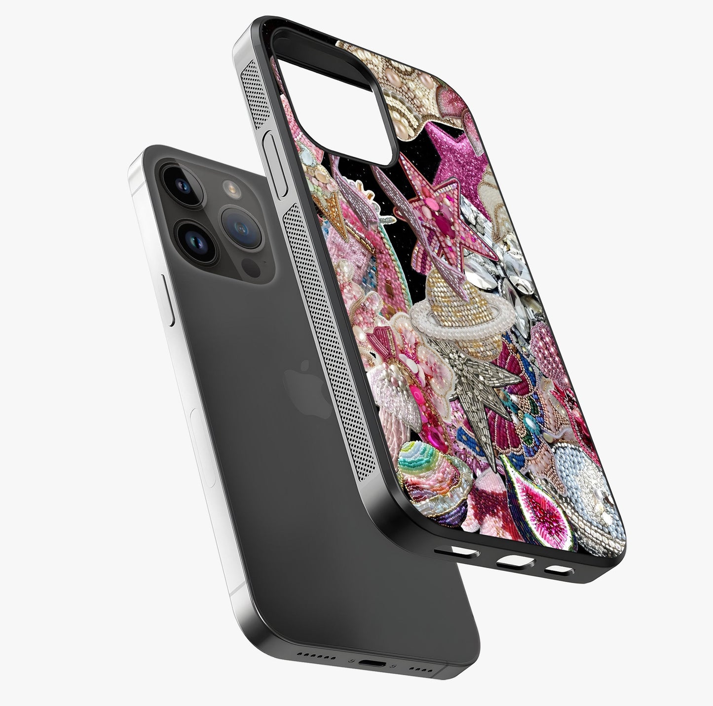 Starlit Jewel Dream Glass Case laid diagonally highlighting side profile, edges and glossy glass shine.