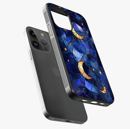 Starlit Sky Tapestry Glass Case laid diagonally highlighting side profile, edges and glossy glass shine.