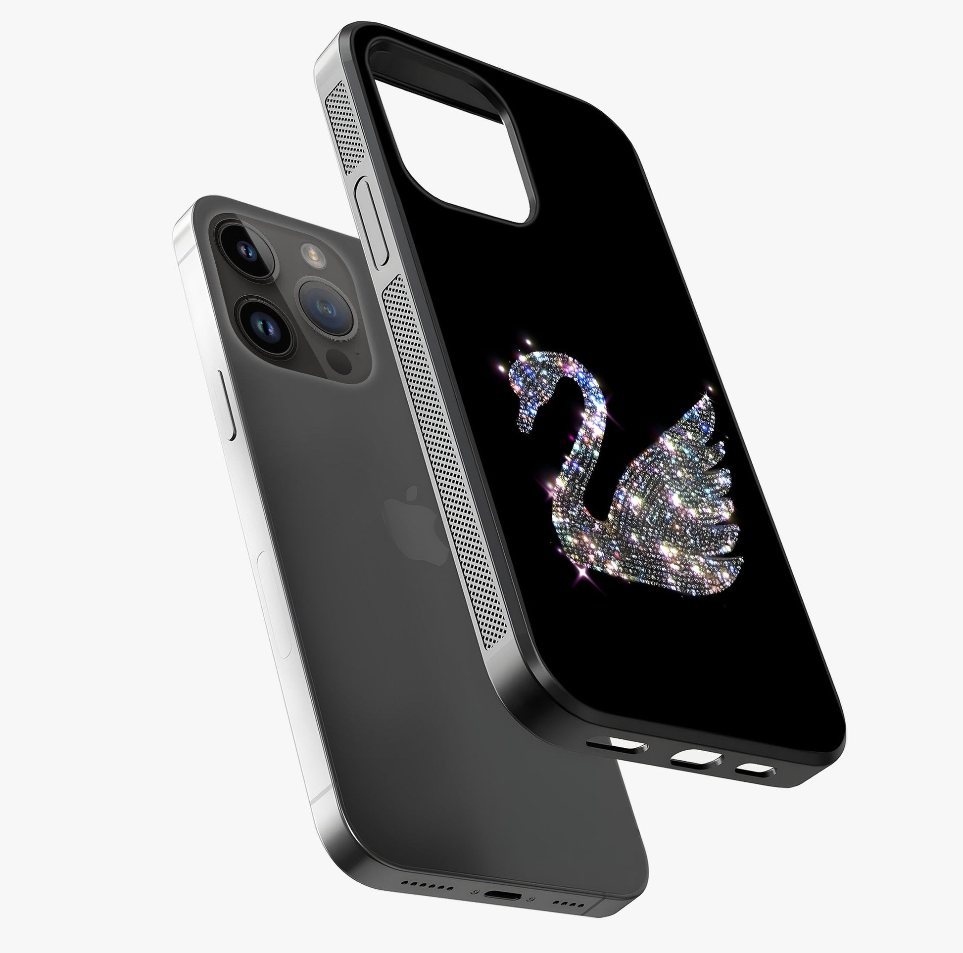 Starlit Swan Grace Glass Case laid diagonally highlighting side profile, edges and glossy glass shine.