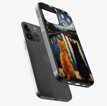 Starry River Cats Glass Case laid diagonally highlighting side profile, edges and glossy glass shine.