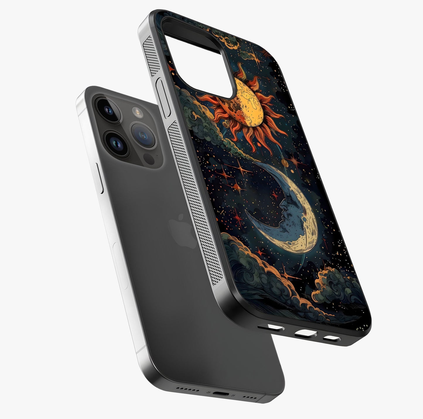 Sun And Moon Magic Design Glass Case laid diagonally highlighting side profile, edges and glossy glass shine.