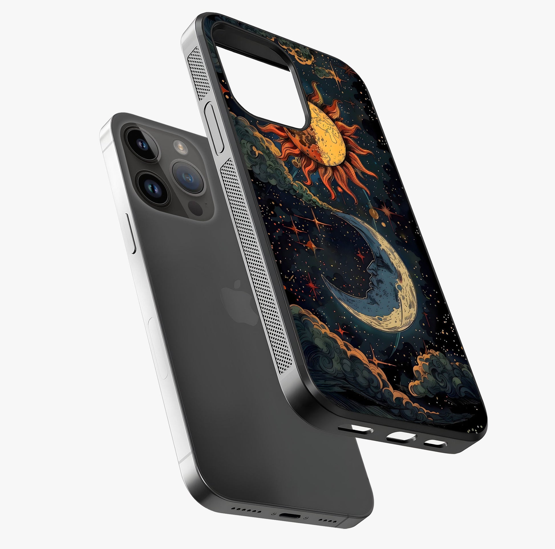 Sun And Moon Magic Design Glass Case laid diagonally highlighting side profile, edges and glossy glass shine.