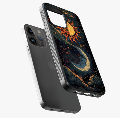 Sun And Moon Magic Design Glass Case laid diagonally highlighting side profile, edges and glossy glass shine.