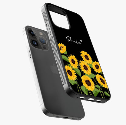 Sunflower Chic Mood Custom Name Glass Case laid diagonally highlighting side profile, edges and glossy glass shine.