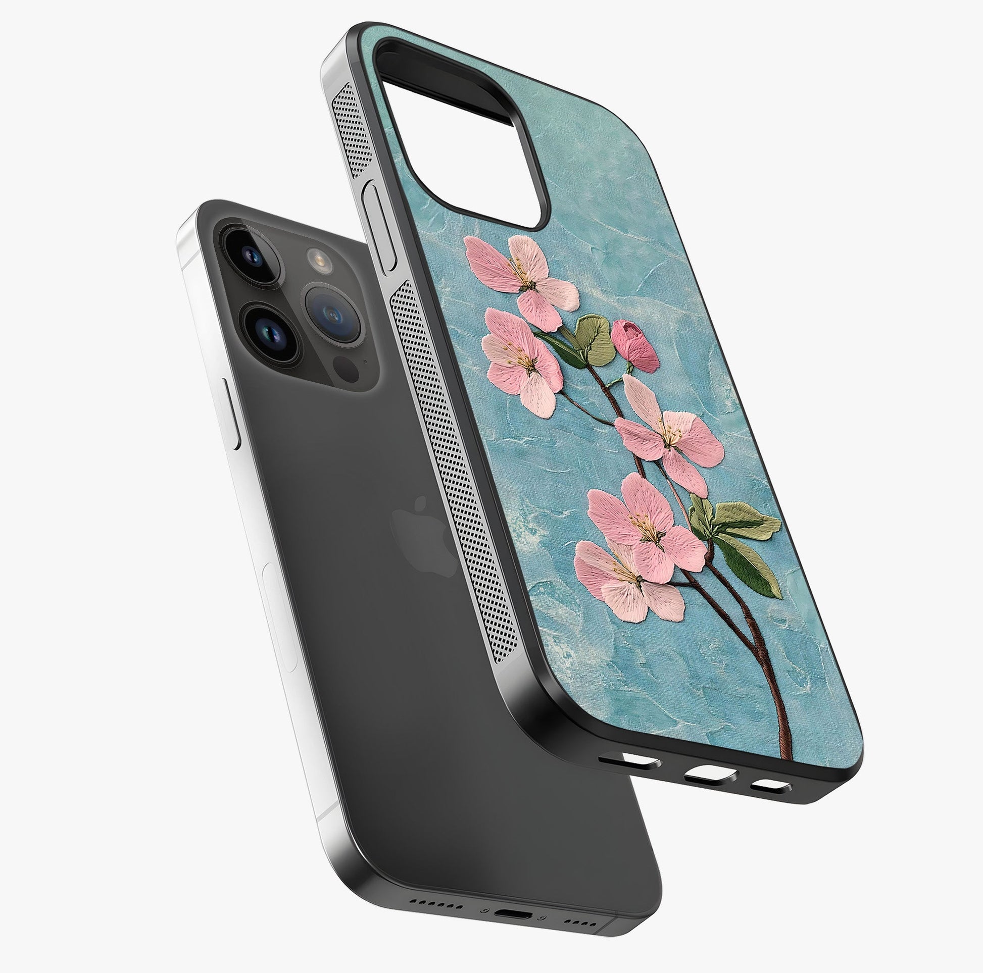 Threaded Blossom Breeze Glass Case laid diagonally highlighting side profile, edges and glossy glass shine.