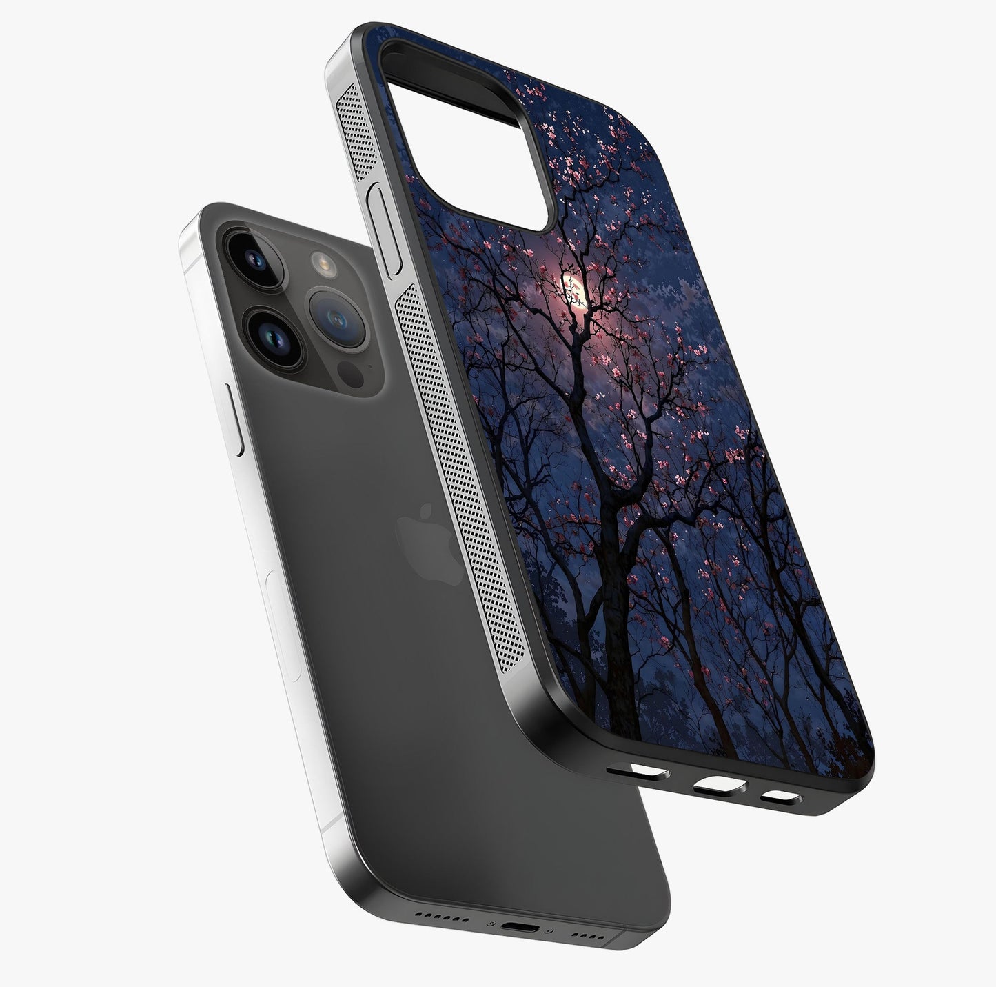 Twilight Sakura Serenade Glass Case laid diagonally highlighting side profile, edges and glossy glass shine.