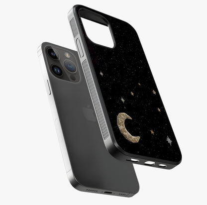 Twinkle Star With Half Moon Glass Case laid diagonally highlighting side profile, edges and glossy glass shine.