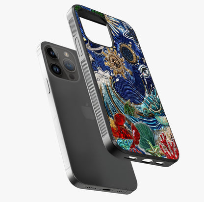 Universe Underwater Spark Glass Case laid diagonally highlighting side profile, edges and glossy glass shine.