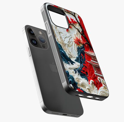 Whispers Of Sakura Waves Glass Case laid diagonally highlighting side profile, edges and glossy glass shine.