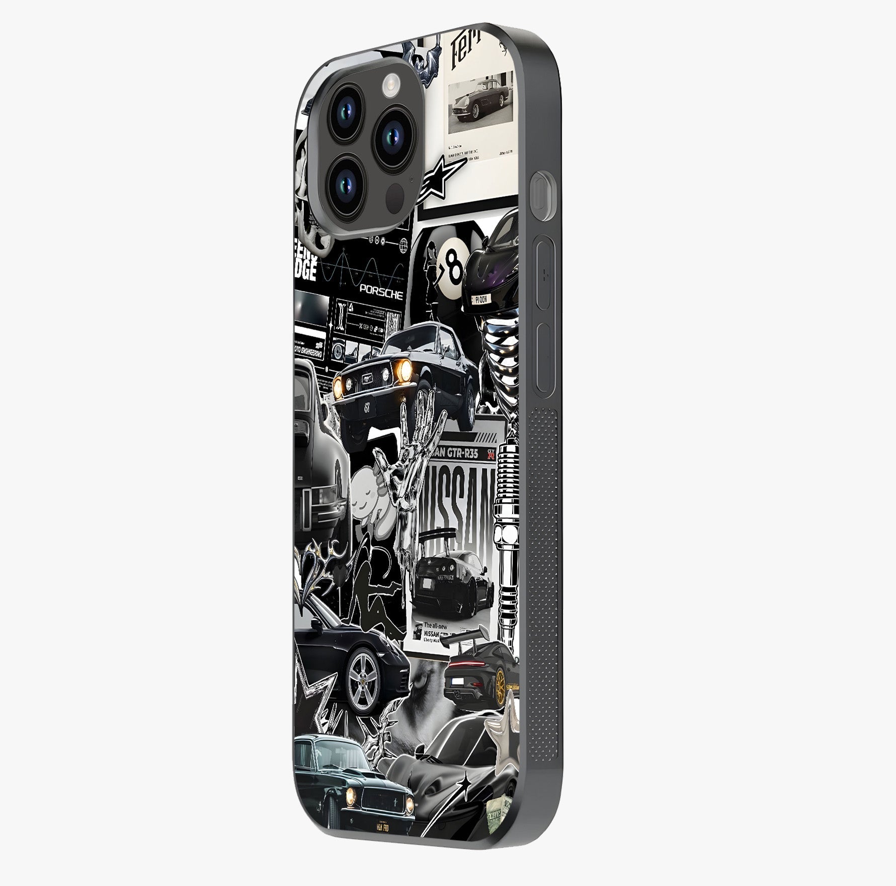 Aesthetic Dark Love Glass Case photographed in natural light showing reflective finish and design depth.